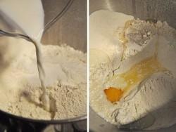 Рецепт - ХАЧАПУРИ НА МОЛОКЕ С СЫРОМ - Шаг 1 - Приготовим опару для теста. Воду слегка подогрейте, добавьте 2 чайные ложки сахара и хорошо размешайте. Добавьте сухие дрожжи, накройте пищевой пленкой или полотенцем, и оставьте на столе на 30 минут. Молоко также слегка разогрейте, масло растопите в микроволновой печи и дайте остыть. В большую миску просейте муку с солью, добавьте яйцо, молоко и растопленное масло