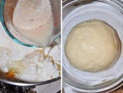 Рецепт - ХАЧАПУРИ НА МОЛОКЕ С СЫРОМ - Шаг 2 -  Влейте дрожжи и замесите тесто. Вымешивайте тесто 5-10 минут до эластичности. Готовое тесто смажьте растительным маслом, положите в глубокую миску и накройте. Оставьте тесто подниматься на 2 часа