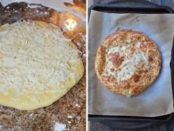 Рецепт - ХАЧАПУРИ НА МОЛОКЕ С СЫРОМ - Шаг 6 -  Духовку разогрейте до 200° C (400° F) Переложите хачапури на противень и щедро посыпьте сыром. Выпекайте в разогретой духовке 8-10 минут, затем увеличьте температуру духовку до максимума и выпекайте до румяной корочки ( примерно 5 минут)